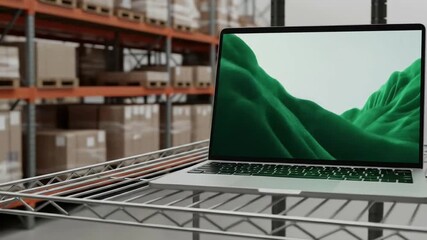 Modern laptop displaying dynamic green abstract waves on a wire rack in a warehouse, perfect for tech presentations and digital art. - Powered by Adobe