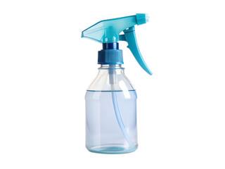 Blue spray bottle with trigger sprayer filled with clear liquid isolated on transparent background