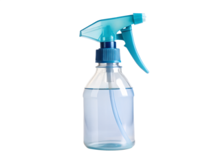 Blue spray bottle with trigger sprayer filled with clear liquid isolated on transparent background