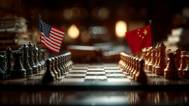 Chess game with flags of the usa and china symbolizing rivalry between nations. - Powered by Adobe
