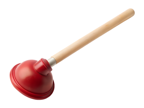 Red rubber plunger with a wooden handle for unclogging drains, isolated on transparent background