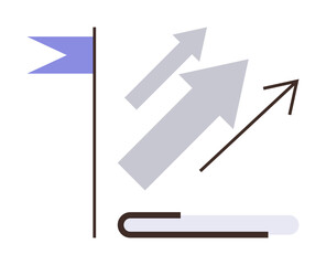 Blue flag, three upward arrows crossing, horizontal bar. Ideal for growth, success, achievement, leadership, goal setting strategy teamwork. Represents a simple flat metaphor