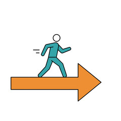Stick figure walking towards right direction on an orange arrow - Concept of confidence in actions  