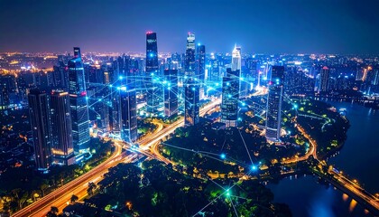 Fototapeta premium Glowing Blue Cityscape at Night with Digital Network Connections