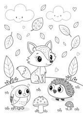 Kawaii Autumn Forest Animals with Leaves &ndash; Coloring Page