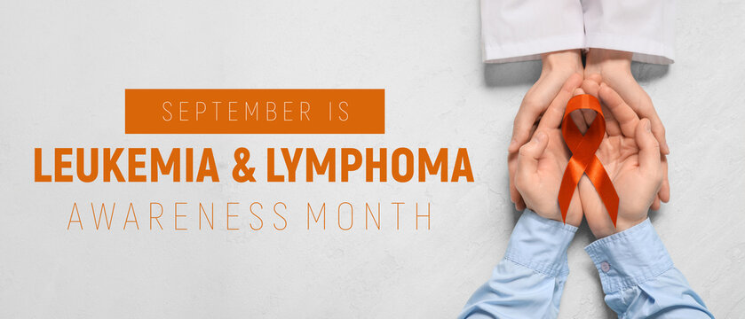 Female doctor supporting man with blue ribbon on light grunge background. Prostate cancer awareness concept