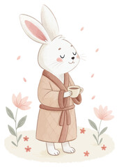 Obraz premium A Rabbit in a Spa Robe Holding a Tea Cup – Vertical Pastel Poster