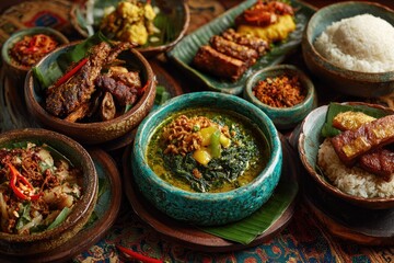 Diverse Indonesian food spread on a table