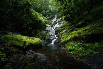 Obraz premium Lush waterfall cascading through mossy forest