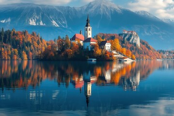 Fototapeta premium Beautiful Autumn Lakeside View of Bled Island in Slovenia