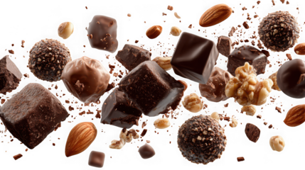Assorted chocolates and nuts are scattered in mid air creating a dynamic and tempting composition against a transparent background