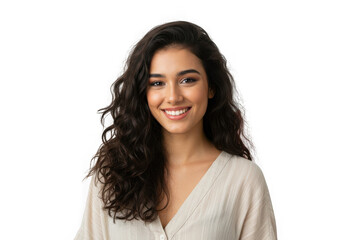 Young woman with curly hair smiling isolated on transparent background