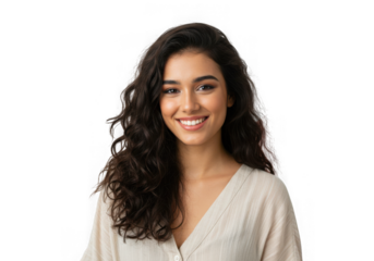 Young woman with curly hair smiling isolated on transparent background