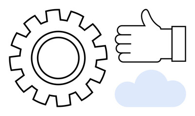 Gear, hand giving thumbs-up, and cloud shape combine to convey teamwork, efficiency, and cloud-based innovation. Ideal for business strategy, teamwork, cloud service, success technology approval