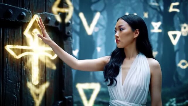 Woman activating glowing symbols in mystical forest