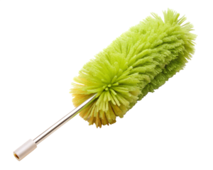 Green microfiber duster with a long handle, isolated on transparent background