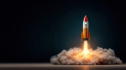 Rocket Launching Into Space With Flames and Smoke at Night