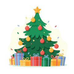 Festive christmas tree decorated with ornaments and surrounded by gift boxes