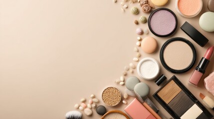 Cosmetics Arranged in a Circular Layout on a Soft Matte Background With an Empty Center-Left Space for Additional Products or Creative Expression