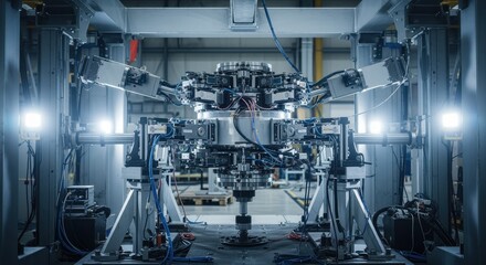 Dynamic shot of the staticload test stand rig supporting an eVTOL rotorhub capturing the complexity and scale of aerospace component testing.