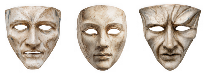 Three theatrical masks representing different emotions isolated on a transparent background conveying drama