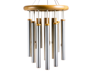 Wind chime with metal tubes and wooden top, isolated on transparent background