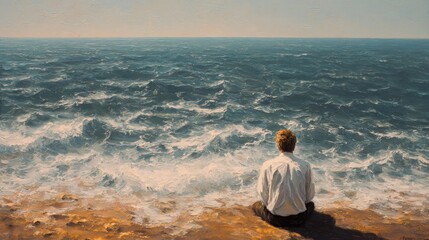 Fototapeta premium A man sits on a rocky shore, gazing at a vast ocean