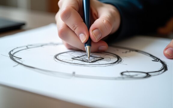 Graphic designer development process drawing sketch design creative Ideas draft Logo product trademark label brand artwork. Graphic designer studio Concept. High quality