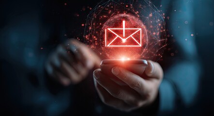 A person holds a smartphone with a glowing email icon projected onto its screen