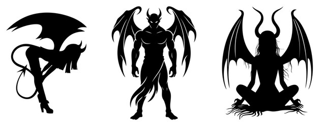 Silhouettes of succubus, incubus and horned demon with wings — symbols of infernal power, seduction, darkness, supernatural horror and gothic mysticism.

