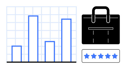 Bar chart analyzing progress, black briefcase symbolizing professionalism, five-star rating representing excellence. Ideal for business growth, data visualization, success, performance review