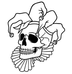 Jester skull with bells and ruff — grotesque symbol of death, dark humor, tragicomedy, carnival absurdity and macabre theatrical allegory.

