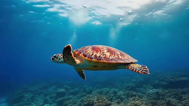 Turbo Anamorphic video turtle swimming under the ocean