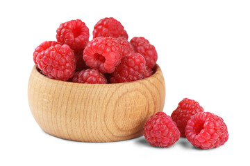 Close up, macro of fresh red ripe raspberries in rustic wooden bowl isolated on white, transparent background. Natural, organic fruit still life for healthy lifestyle and clean food, eating themes.
