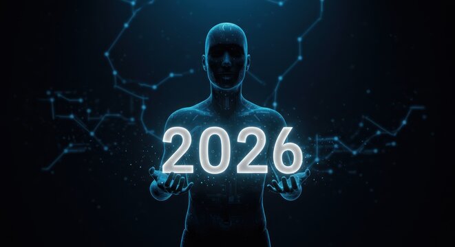 Futuristic Humanoid Holding Glowing 2026, Digital Future Concept, Blue Tones.