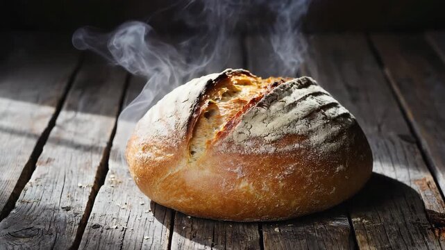 Steaming Artisan Round Bread Loaf on Rustic Wooden Table (Horizontal)