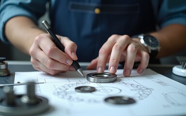 Engineer technician designing drawings mechanical parts engineering Engine.manufacturing factory Industry Industrial work project blueprints measuring bearings caliper tools. High quality