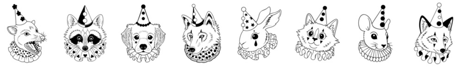 Set of clown animals with ruffs and party hats — surreal combination of cute and eerie, circuscore aesthetic, animal masquerade and grotesque emotional symbolism.

