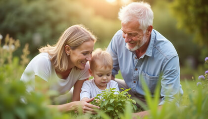 Family planting seedlings together in garden during sunny day