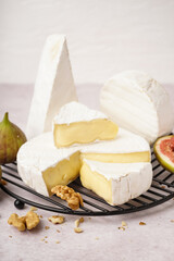 Grid with pieces of tasty Camembert cheese on light background