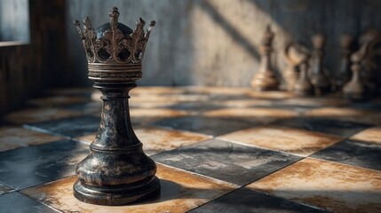 Chess Queen Piece Stands out on a Worn Chessboard in Dim Light