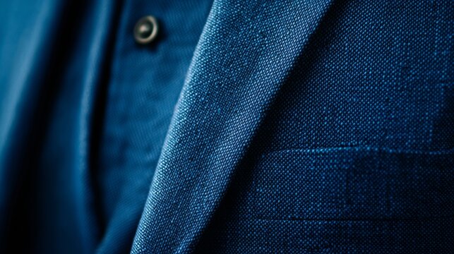 Close up of a dark blue woven suit jacket with lapel detail, sleeve and shoulder stitching visible.