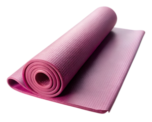 Rolled pink yoga mat isolated on transparent background for fitness and exercise