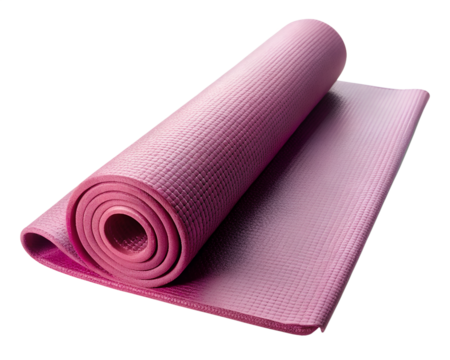 Rolled pink yoga mat isolated on transparent background for fitness and exercise
