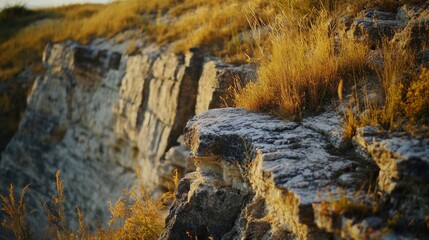 Spectacular view of rocky landscape with sparse vegetation during golden hour.