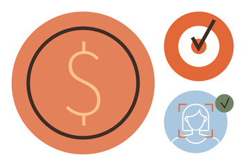 Dollar sign in orange circle, checkmark in target, and facial verification. Ideal for finance, security, approval, identity, technology authentication verification concepts. Flat simple metaphor