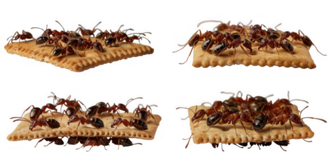 A group of ants eating a cracker on a transparent background in a studio shot to show infestation