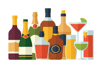 Assortment of alcoholic beverages and cocktails in bottles and glasses
