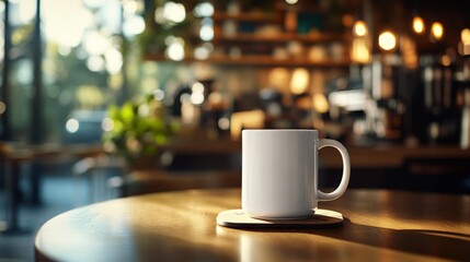 Fototapeta premium Mug with coaster in cozy cafe setting for lifestyle branding and advertising mockup