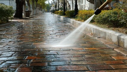 Fototapeta premium Outdoor paving stones being power washed